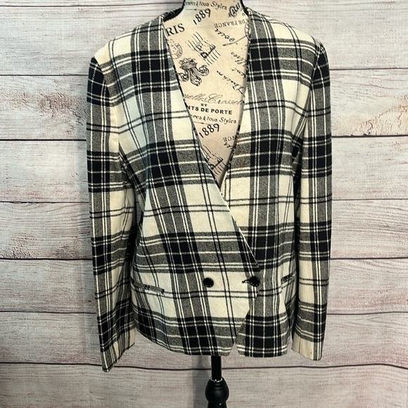 Vintage Black & White Plaid Blazer Wool Blend Collarless Made in USA Size 10 - Picture 1 of 9